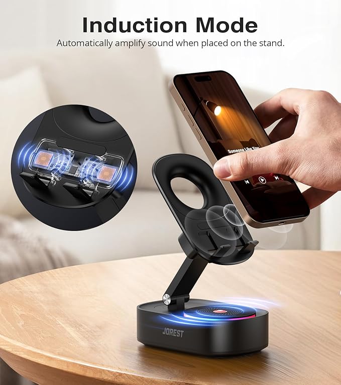 Jorest Wireless Induction Speaker with Phone Stand,Valentine's Gifts for Older Men Women Teenage Boy,Bluetooth Speakers with Desk Cell Holder, Foldable with iPhone/Ipad,Birthday Gift for Dad Father
