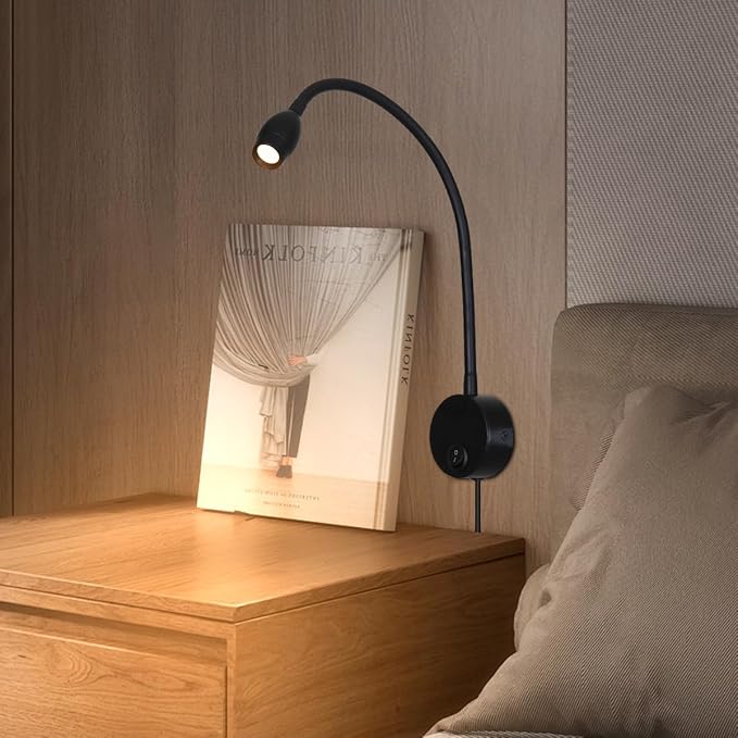 Reading Lamp Wall Sconces Light LED 3W Warm White 3000K Plug for Reading Books (Black 2pcs 3000K Cord)