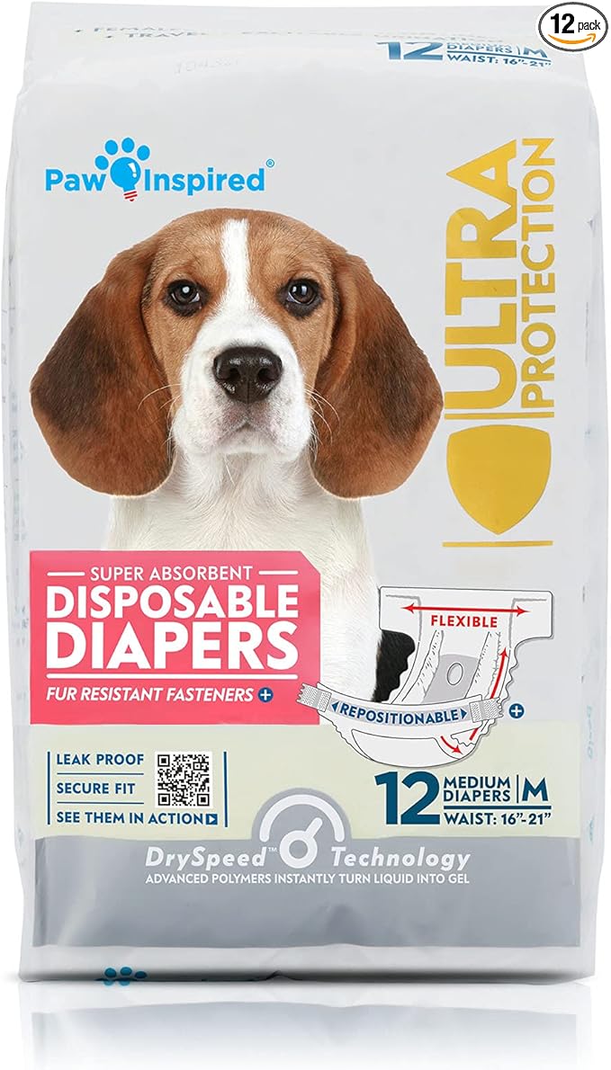 Paw Inspired Disposable Dog Diapers | Female Dog Diapers Ultra Protection | Diapers for Dogs in Heat, Excitable Urination, or Incontinence (12 Count, Medium) | Ultra Protection, Adjustable Fasteners, Comfortable Fit, Leakproof Core, For Dogs in Heat, E...