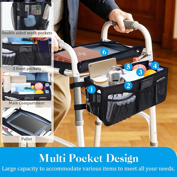 Walker Basket for Seniors, Walker Storage Bag with Reinforced Tray | Large Capacity Walkers Organizer, Multi Pockets, Stable Walker Accessories for Reading Eating Daily Essentials