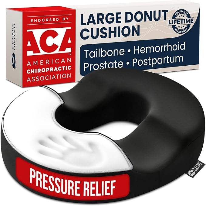 5 STARS UNITED Donut Pillow for Tailbone Pain & Hemorrhoids – Large Memory Foam Seat Cushion for Bed Sore-Prone Areas & Pressure Relief – Prostate, Postpartum & Pregnancy Support, Premium Black Suede