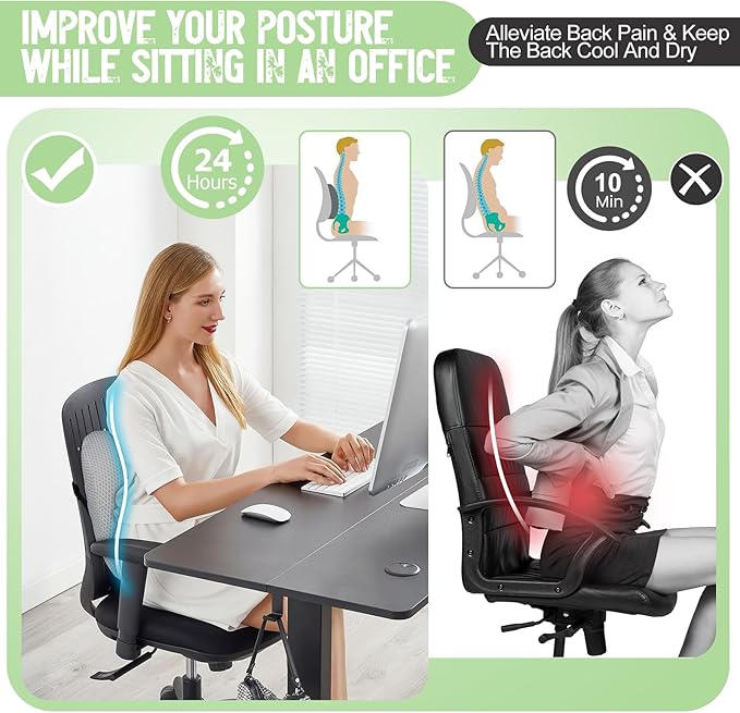 Lumbar Support Pillow Office Chair Car Back Pillow Ergonomic Lower Back Pain Relief Breathable Air Fiber Cushion with Hours Sitting on Worker Driver & Handicapped, Adjustable Strap (Light Gray)