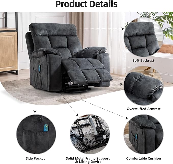 Large Power Lift Recliner Chair with Massage and Heat for Elderly Big and Tall People, Overstuffed Wide Recliners with 2 Cup Holders, Side Pocket and USB Port, Grey