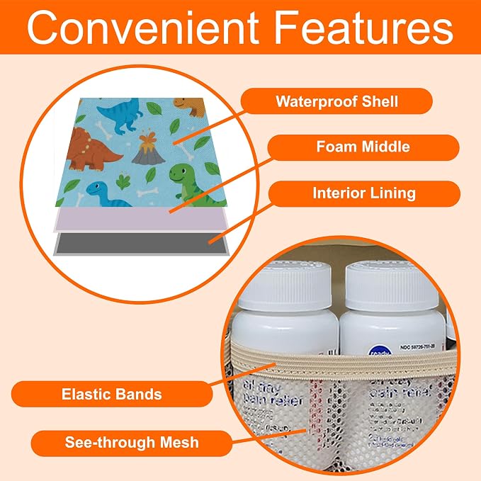 Medium Travel Pill Bottle Organizer, Child Medicine Bag with Zipper Toy, Carrier for Kids Medications and Medical Supplies - Dinosaurs