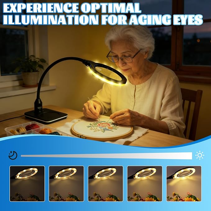 15X 30X Rechargeable Magnifying Glass with Light and Stand, 6 Color Adjustable dimming, Handheld Magnifying Desk lamp with LED Light, Suitable for Reading, Drawing, handicrafts and Detailed Work