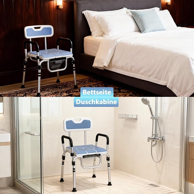 3 in 1 Bedside Commode Chair and Shower Chair for Elderly Adults, Portable Toilet with Adjustable Height, Arms and Removable Bucket for Home Care