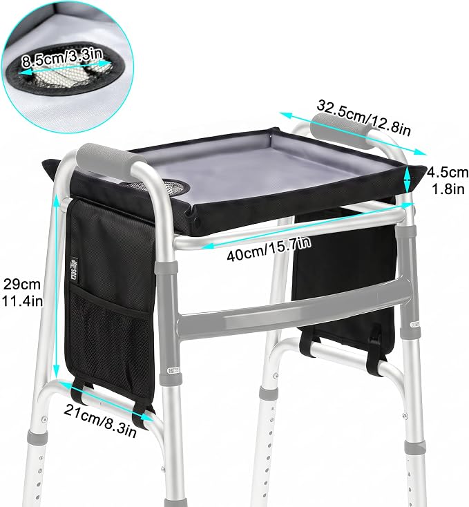 Walker Tray for Folding Walker with Cup Holder, Detachable Tray for Walker, Walker Accessories for Senior with Non-Slip Mat, Universal Fit for Meals, Drinks, Reading,Laptop (Black with Side Pockets)