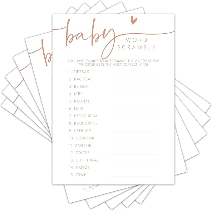 Baby Shower Games Cards, Word Scramble Game, Minimalism Boy or Girl Baby Gender Reveal Party Favors Decorations and Supplies, 25 Pcs Double-Sided - C07
