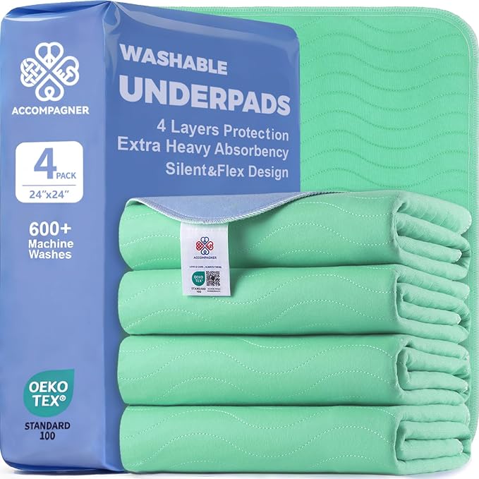 Accompagner Incontinence Bed Pads Washable Waterproof, Ultra-Absorbent Reusable Underpads for Diaper Changing, Nursing, Bedridden, Adults, Seniors, Kids and Dogs (Green, 24"x24"(Pack of 4))