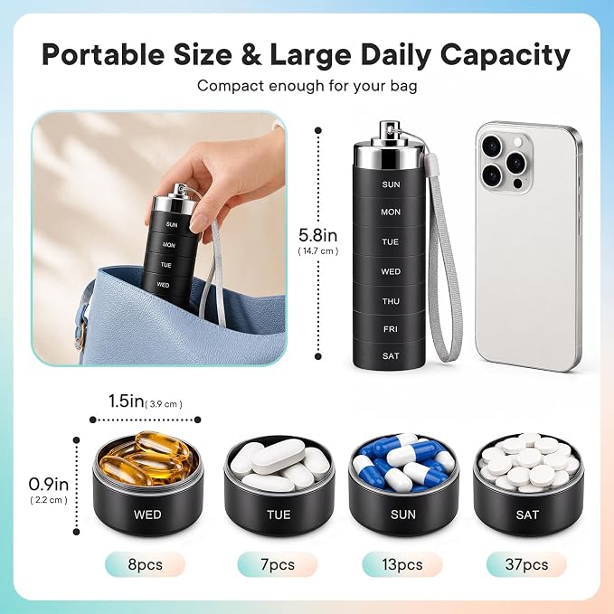 Mossime Metal Travel Pill Organizer with 2 Lids, Waterproof Weekly Pill Box, Large Aluminum Alloy Pill Case Container, BPA Free 7 Day Daily Medicine Organizer for Vitamin, Fish Oil, Supplement