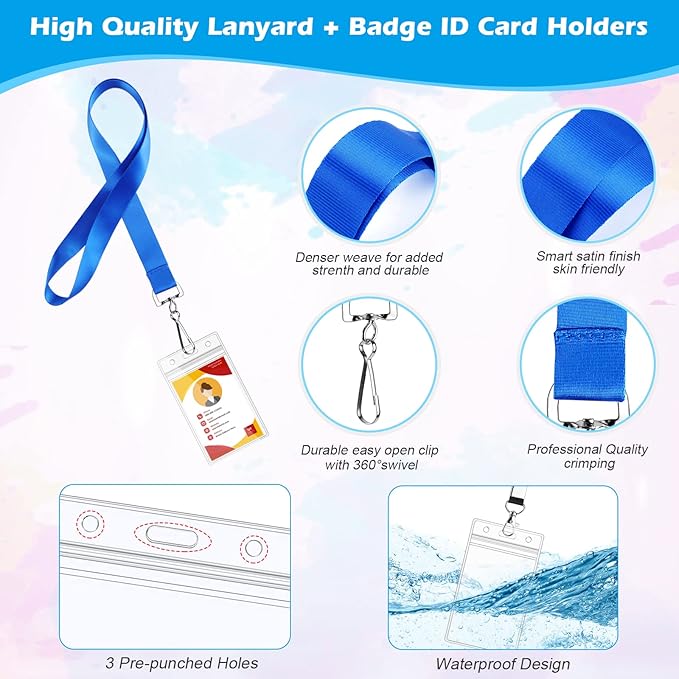 32 Pack Cruise Lanyard with Waterproof ID Card Holder, Colorful Solid Color Durable Lanyard with Badge ID Holder for Badge Card and Carnival Sail (Assorted Rainbow 8 Colors)