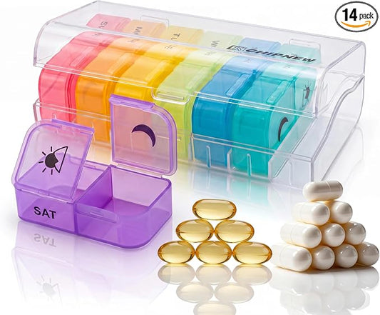 Weekly Pill Organizer 2 Times a Day, AP PM Pill Box，Detachable Pill Case | Food-Grade Material,Travel-Friendly,7 Day Pill Container Medium,Compartment holds up to 6 fish oil or 10 vitamin-Transparent