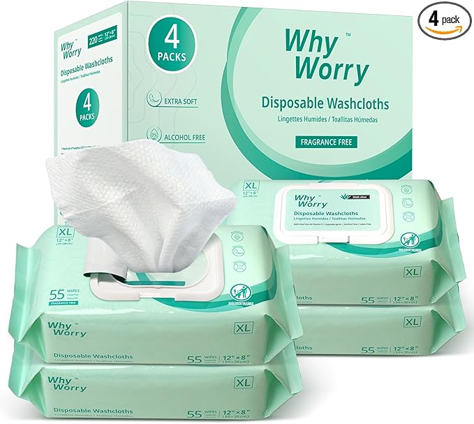 WhyWorry Wet Wipes for Adults, 8"x12" Extra Large Body Cleansing Wipes for Elderly & Incontinence, Extra Thick Adult Washcloths Disposable with Aloe & Vitamin E, Unscented, 220 Count (4 Packs of 55)