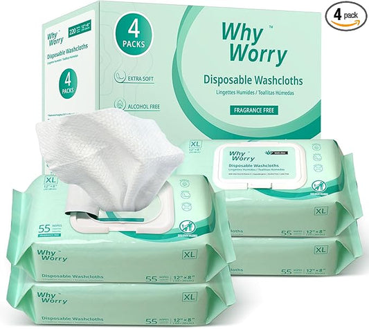 WhyWorry Wet Wipes for Adults, 8"x12" Extra Large Body Cleansing Wipes for Elderly & Incontinence, Extra Thick Adult Washcloths Disposable with Aloe & Vitamin E, Unscented, 220 Count (4 Packs of 55)