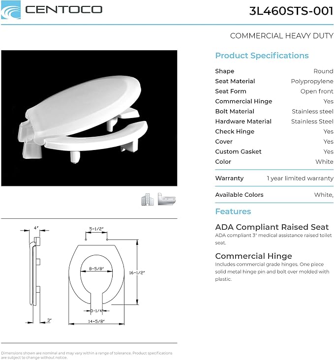 Centoco 3 inch Raised Toilet Seat for Seniors, Round, Open Front, White | With Cover, Commercial, Plastic, 3L460STS-001, Made in the USA