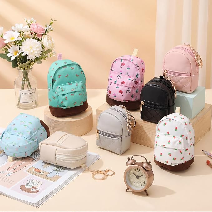 Hsei 8 Pcs Mini Backpack Keychain Coin Purse Tiny Key Chain Cute Cosmetic Bag Small Wallets Mini Valentines Gifts for Women Multi Pocket Card Holder Small Items Cable Organizer Zipper Pouch
