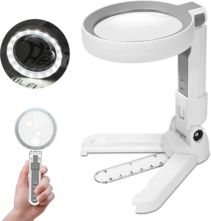 4X Rechargeable Magnifying Glass with 18 LED Light, Foldable Handheld Stand, Magnifying Glass with Light Ideal for Close Work, Seniors Reading, Macular Degeneration - Inbuilt Lithium Battery Included
