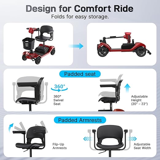 Hoverfly T4 Mobility Scooter for Seniors, Max 12.4-Mile Range & 3.7 mph, 3-Position Seat & Anti-slip Rear Wheel, Removed Battery&Quick Fold Design, Solid 9" Tire &330 lb Capacity, Ease of Assembly Red