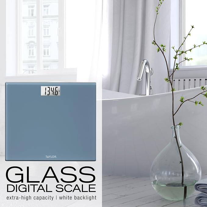 Taylor Digital Bathroom Scale for Body Weight, Extra-Wide 13x15 Slate Blue Glass Platform, Step-On Technology, Easy-Read Backlit Display, High Capacity, 5-Year Warranty