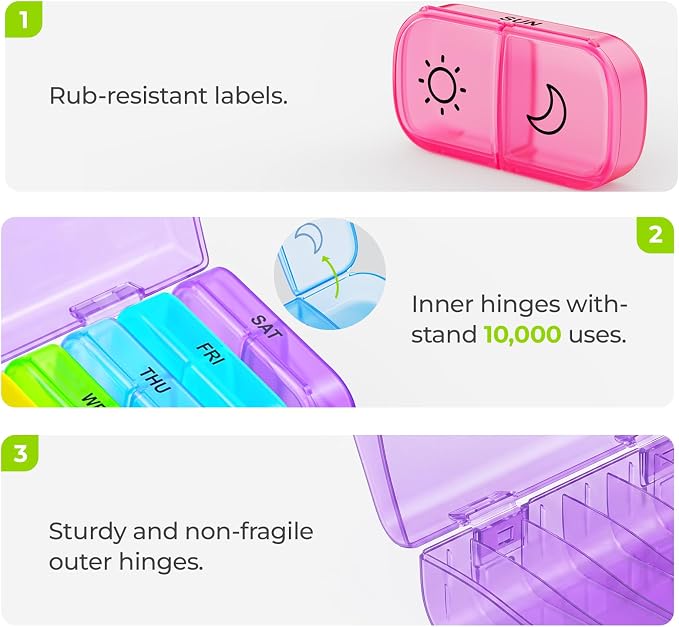 AUVON XL Weekly Pill Organizer 2 Times a Day with Large Opening for Easy Filling, AM PM Pill Box 7 Day in Rainbow Colors, Portable Travel Pill Case for Medication, Vitamins, Fish Oils, Supplements