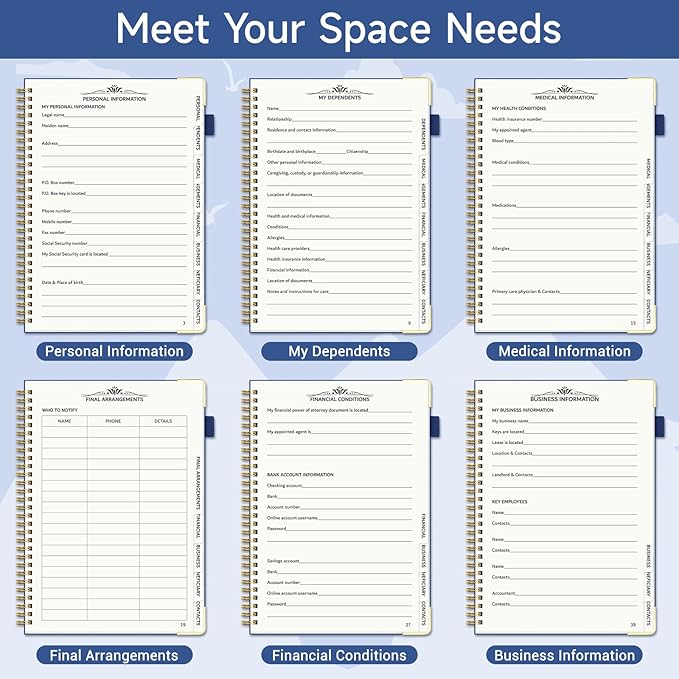 End of Life Planner, Estate Planning Organizer with Tabs for Senior, Spiral Funeral Planning Book with Large Font, Gold Corner Guards & Inner Pocket for Will Preparation, 7.36" x 10.4", Blue