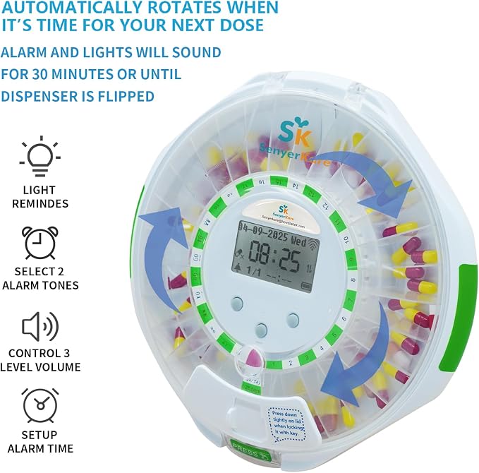 WiFi Automatic Pill Dispenser with App Remote Monitoring | Tracks Adherence History, App/Sound/Light Alerts, LCD Display, 28-Day Locking Medication Organizer for Seniors, Caregivers