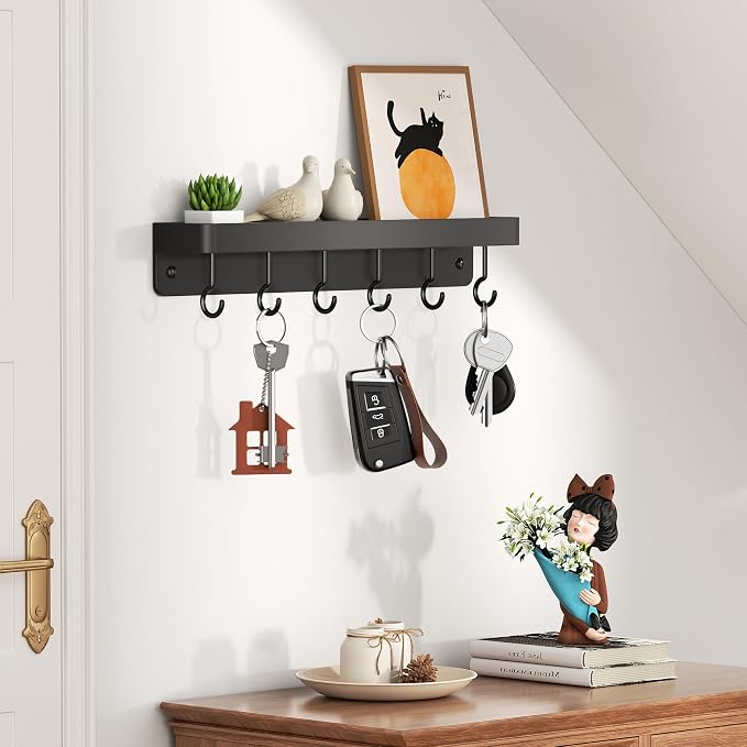 niffgaff Black Key Holder Wall Mount, Stainless Steel Self Adhesive Hooks Rack with Shelf, No Drill Key Hanger for Door and Wall