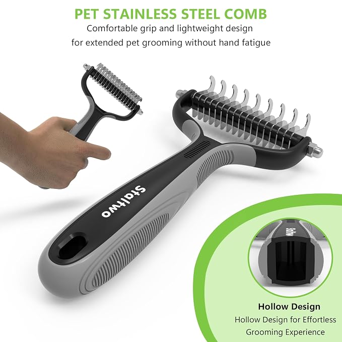 Staltwo Pet Grooming Supplies - 2-in-1 Professional Undercoat Rake and Pet Brush | Shedding Control for Long-Haired Dogs and Cats, Deshedding Tool, Knot Removal,Grey