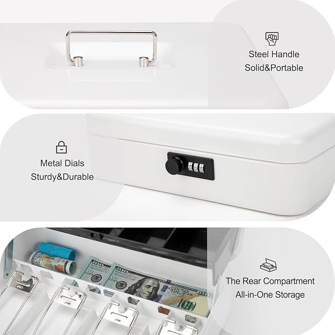Jssmst Locking Large Metal Cash Box with Money Tray, Money Box with Combination Lock, White, SM-CB0511L