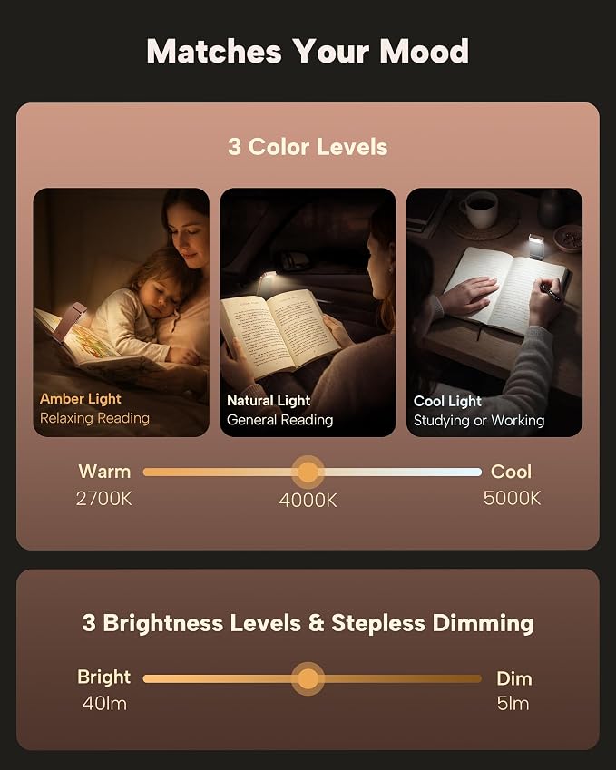 86lux Book Light, Rechargeable Clip-On LED Reading Light for Bed & Night Use - 3 Color Temperatures with Stepless Dimming, Ultralight Bookmark Design for Kids, Book Lovers, Pink Brown | 3 Color Temperatures with Stepless Dimming, Ultralight Bookmark De...