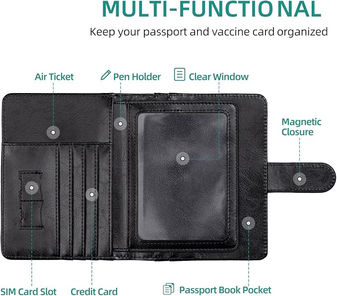 passport holder, passport cover, vaccine card holder, waterproof leather travel wallet with rfid blocking for men/women
