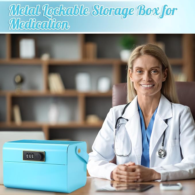 Honeydak Lock Box for Medication Metal Small Medicine Safe Pill Storage Box Portable Medicine Organizer with Combination Code and Handle for Refrigerator Fridge First Aid(Blue)