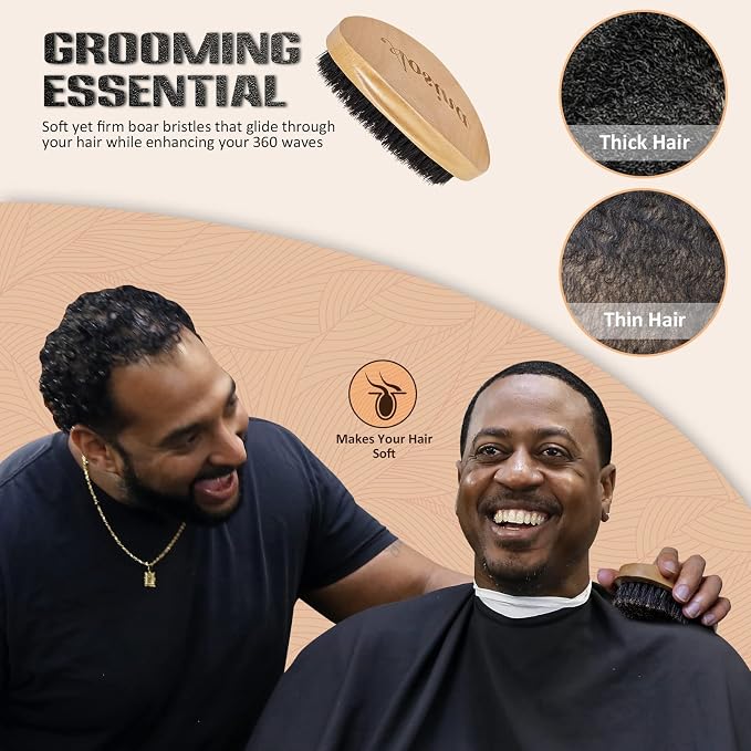 Soft 360 Wave Brush for Men, 100% Pure Boar Bristle Hair Brush for Men, Beech Wood Curved Palm Brush for Fresh Cuts, Beginners, Short Hair Waves & Beard Grooming
