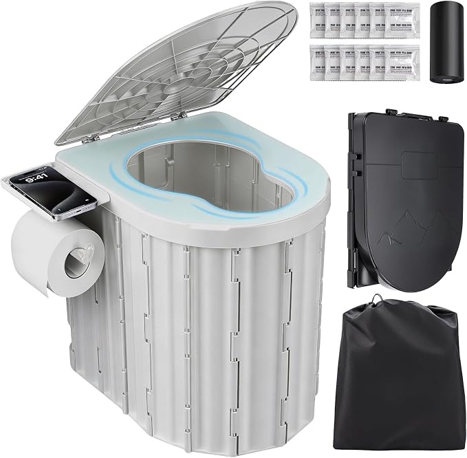 Portable Toilet for Adults, Foldable Plastic Toilet, with Lid and Paper Holder Travel Porta Potty for Adults Camping, Hiking, RV, Fishing, Beach, Road Trip, Truck, Hunting