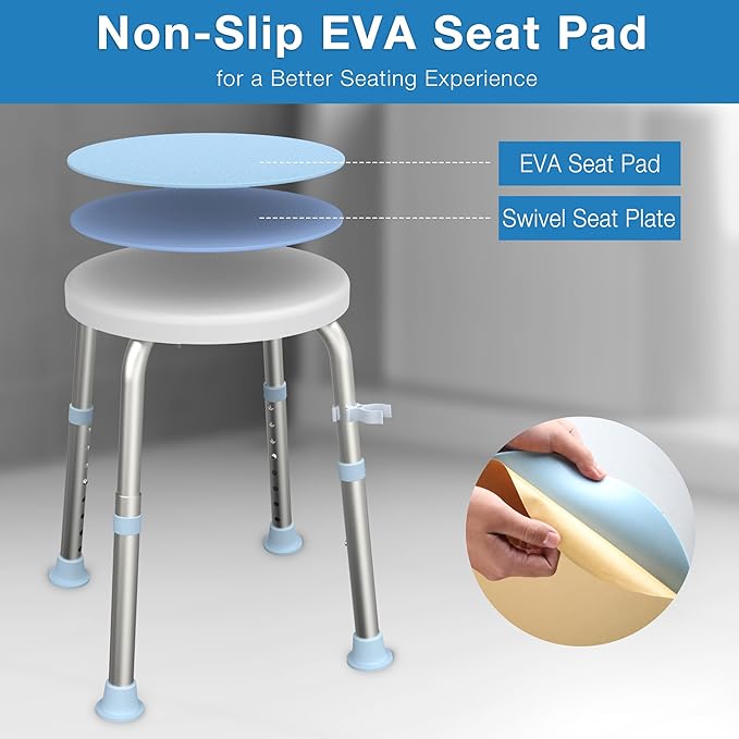 Swivel Shower Stool for Inside Shower, 360° Rotating Bath Stool with Non-Slip Seat Pad, Adjustable Shower Chair for Seniors with 6 Height Levels, Lightweight Seat Supports 300 lbs, Tool-Free Assembly