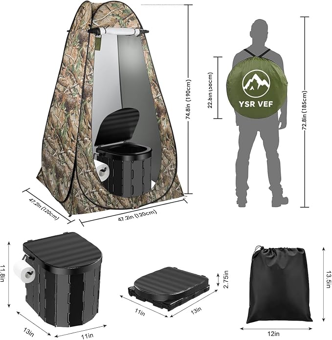 Portable Toilet Kit, Camping Toilet with Pop-Up Privacy Tent and Poo Gel Toilet Bags, Washable Portable Outdoor Showers Changing Rooms
