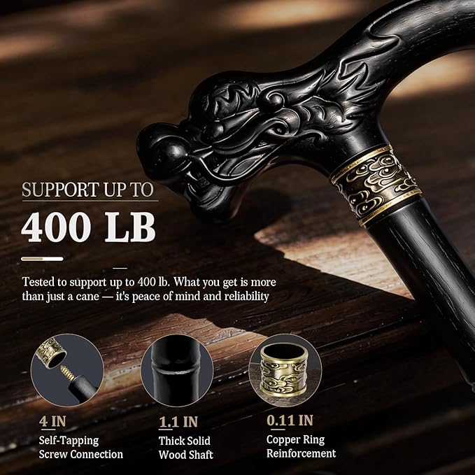 Wooden Walking Cane, 3D Dragon Engraved Cane Support up to 400 lb, Canes for Seniors Men Women of Different Heights