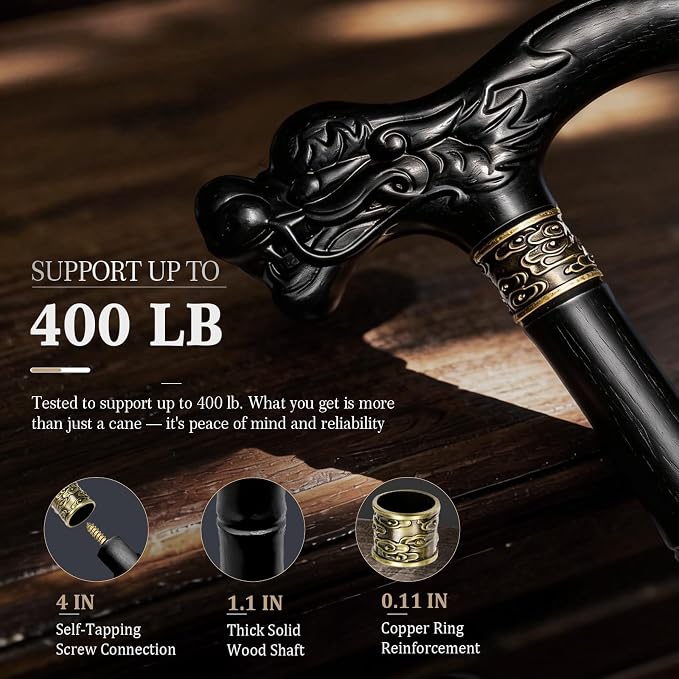 Wooden Walking Cane, 3D Dragon Engraved Cane Support up to 400 lb, Canes for Seniors Men Women of Different Heights