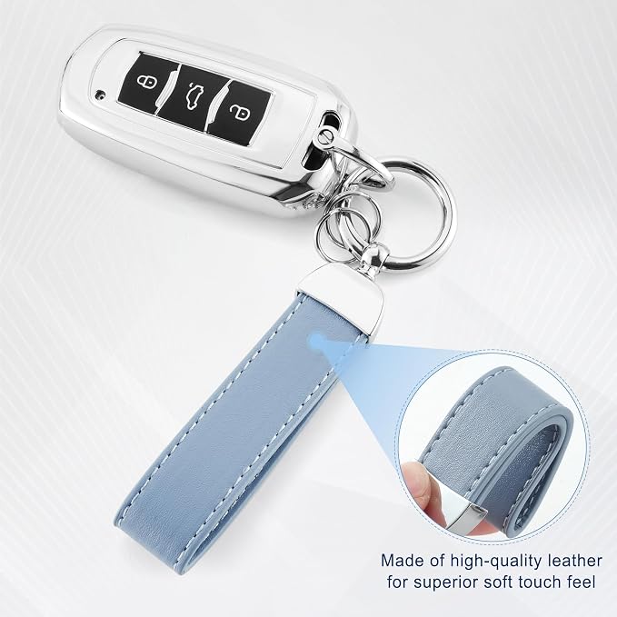 JUSTTOP Leather Keychain, Car Key Chain with Anti-Lost D-Ring and 2 Key Ring, Keychain Wristlet, Car Accessories, Universal Keychain for Men and Women (Blue)