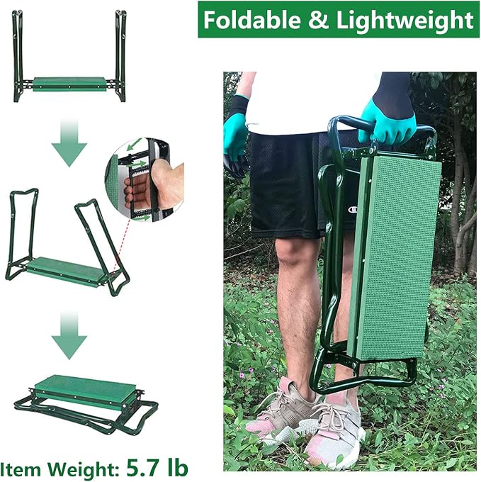 BESTHLS Garden Kneeler and Seat - Heavy Duty Folding Stool with Thick Pad, Tool Pouch, 330 lbs Capacity - Knee & Back Support, Perfect for Seniors, Women, Men