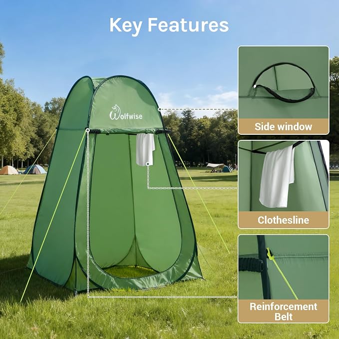 WolfWise Pop Up Shower Tent for Camping Essentials, Compact & Lightweight | Portable Instant Changing Tent with Window & Carry Bag, Privacy Dressing Room Bathroom for Outdoor, 6'3"/6'11" H