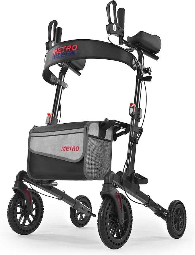 Metro Mobility Rollator Walker with Seat for Seniors, Foldable Lightweight Rolling Walker, 10" Big Front Shock-Absorbing Honeycomb Wheels for All Terrain, 300 lb. Weight Capacity, Black