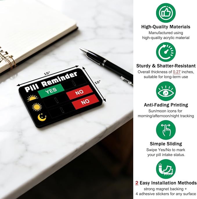Pill Reminder, Pill Tracker AM NOON PM, Acrylic Reminder Slider for Fridge, Pill Reminder Magnet, Magnetic and Adhesive Sticker Option-5.9x3.9 inches