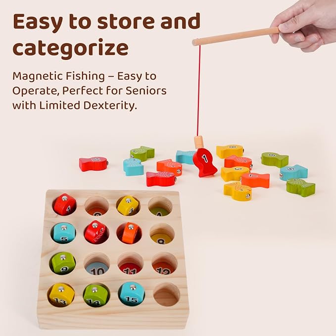 Dementia Magnetic Fishing Game, Wooden Cognitive Toy for Seniors | Alzheimer memory training toy, improves seniors fine motor skills, wooden magnetic brain exercise game