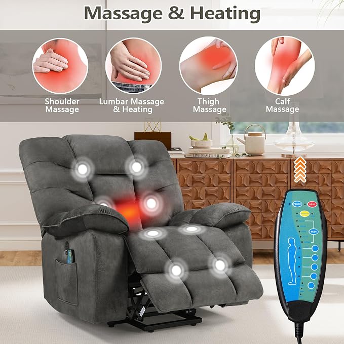 HAOMARKETS Oversized Power Lift Recliner Set of 2 with Massage and Heat for Elderly, Electric Lifting Reclining Chair with Side Pockets and USB Port for Living Room, Dark Grey