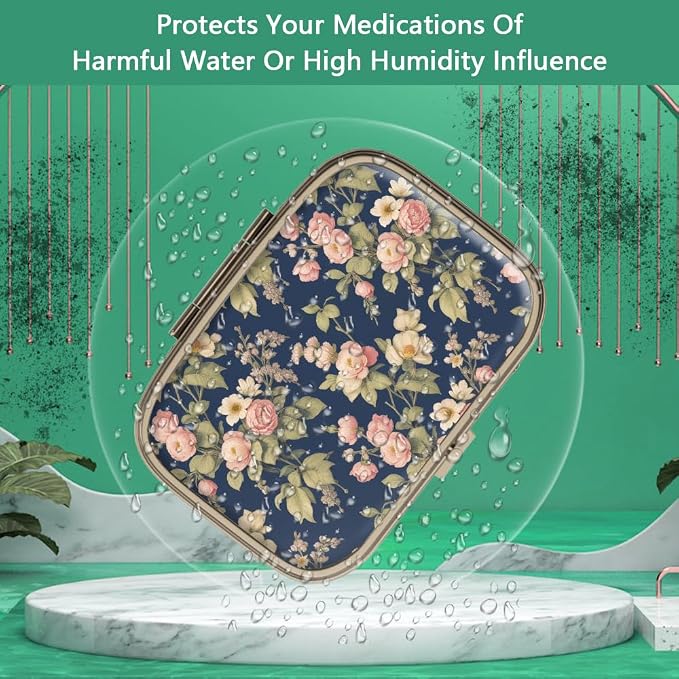Pill Case Pill Box with Mirror Retro 2 Compartment Small Pill Case for Purse or Pocket Bronze Rectangular Pill Box or Vitamins, Fish Oil, Supplements, Pill Containe Travel Gifts（Retro Rose Floral）