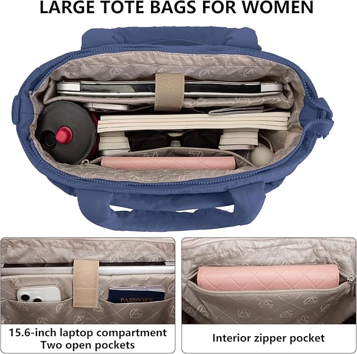 Puffer Tote Bag for Women Quilted Nurse Bag Lightweight Work Bag for Teacher Travel Handbag with Multiple Pockets