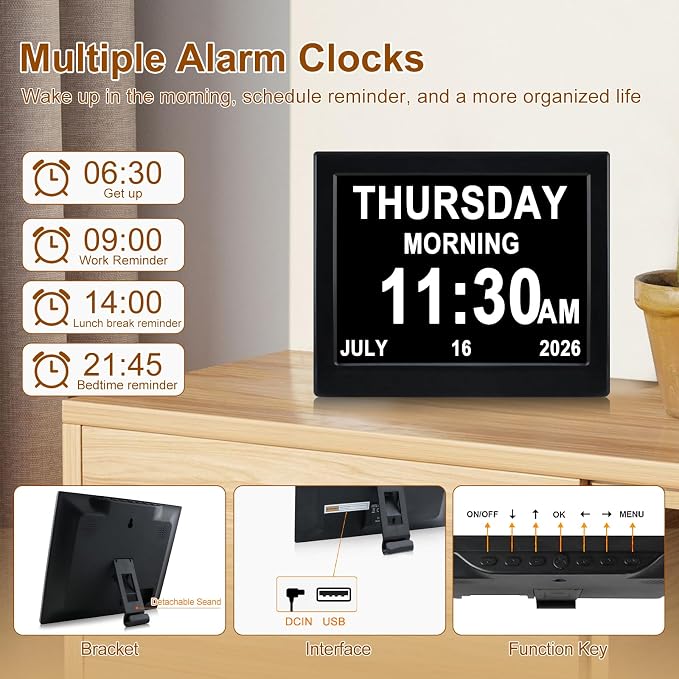 Day Date Time Clock for Seniors Elderly 3 Medication Reminders+ 5 Custom Reminders Digital Calendar Dementia Impaired Vision Memory Loss Clock(Black,8-inch)