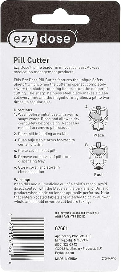 EZY DOSE Pill Cutter with Safety Shield and Magnifier, Daily Usage, Safely Cut Pills and Vitamins, Accurate and Easy Cutting, Color May Vary, BPA Free