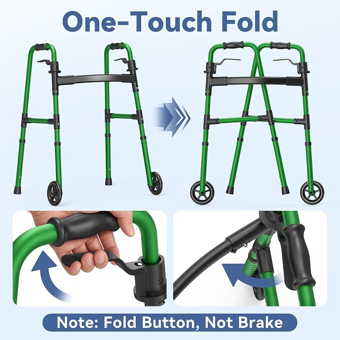 Loyoda Folding Walker with 2 Skis and 5" Wheels, Lightweight Walkers for Seniors and Adults, Supports Up to 350 Pounds, Adjustable Height, Compact Standard Walker, Green